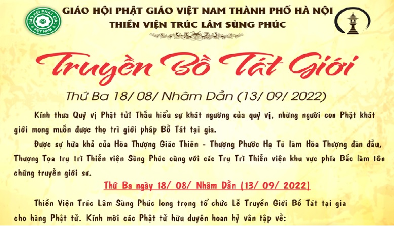 Lễ Truyền Giới Bồ Tát tại TVTL Sùng Phúc